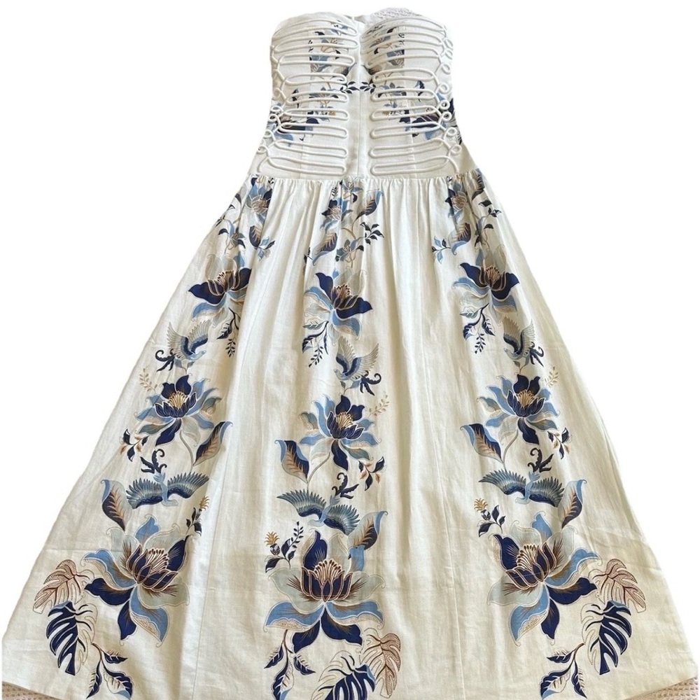 Farm Rio Mystic Blue Lotus Dreamscape Midi Dress-M-Corded Sweetheart Bodice - Picture 2 of 14